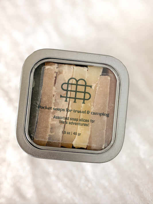 Set of pocket soaps for travel and camping in a metal tin with label.