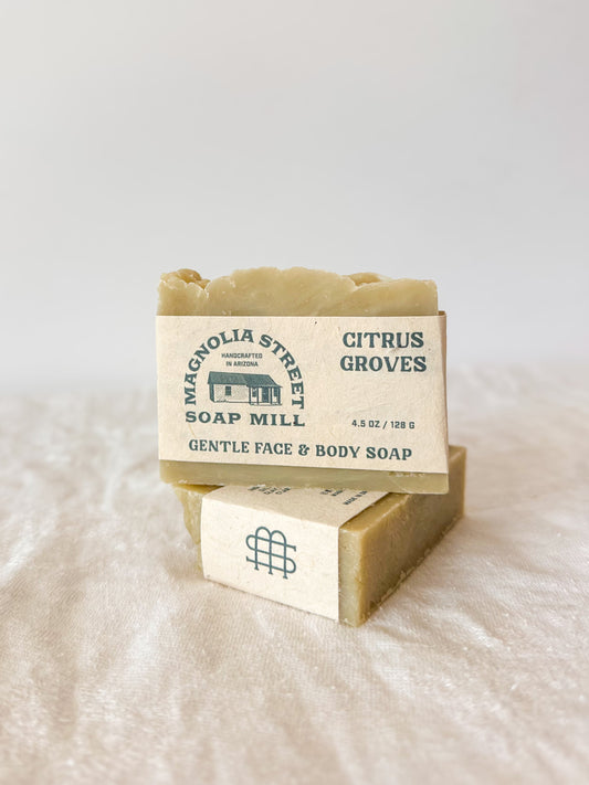 Two bars of soap with packaging labeled 'Magnolia Street Soap Mill' on a white background