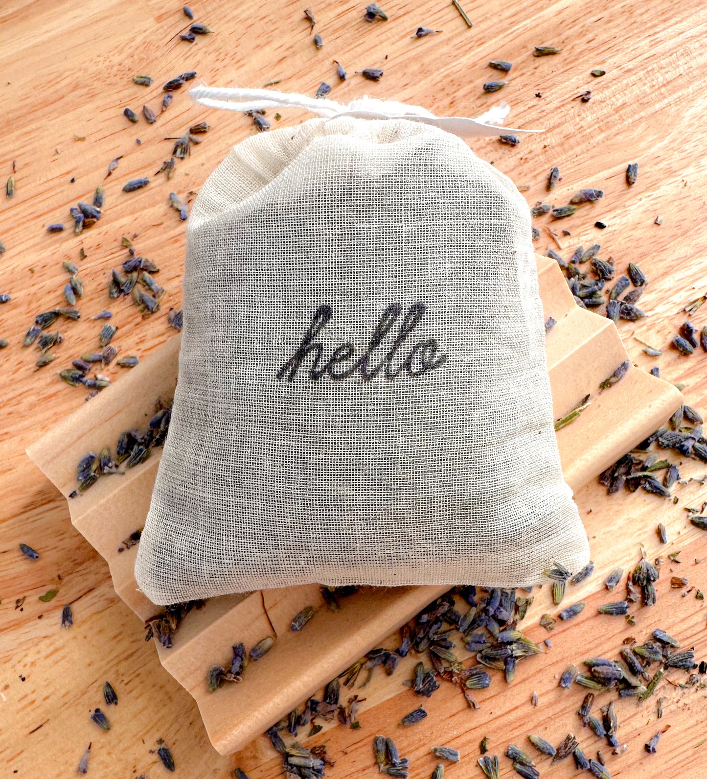 Mini Lavender Sachet – “Hello” Muslin Bag