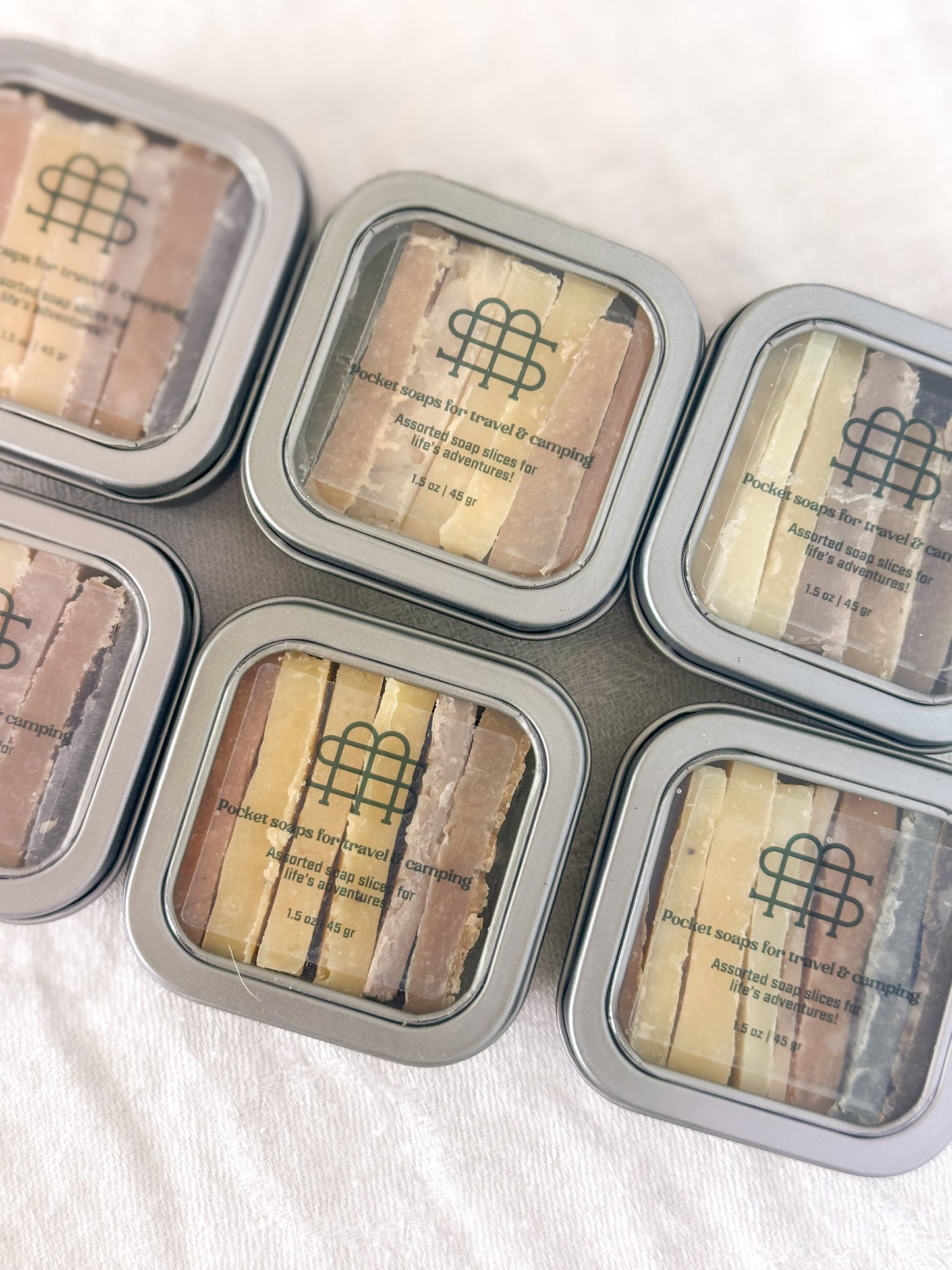 six pocket soaps for travel, camping, hiking.