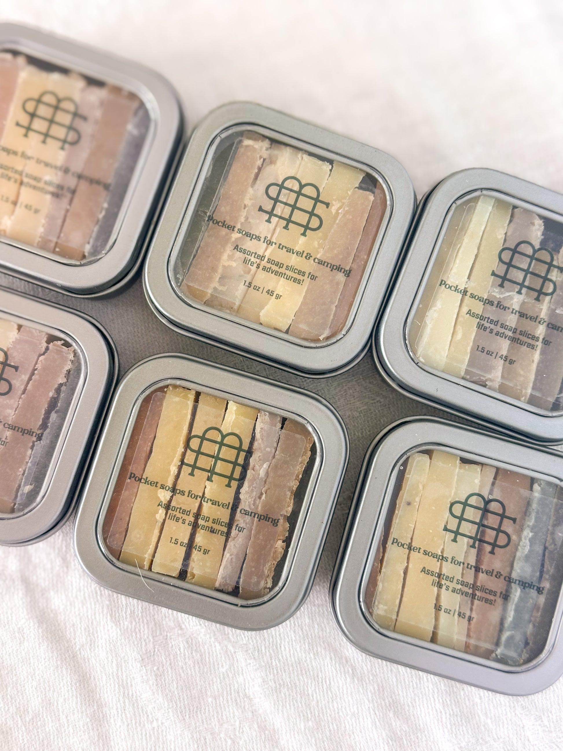 six pocket soaps for travel, camping, hiking.