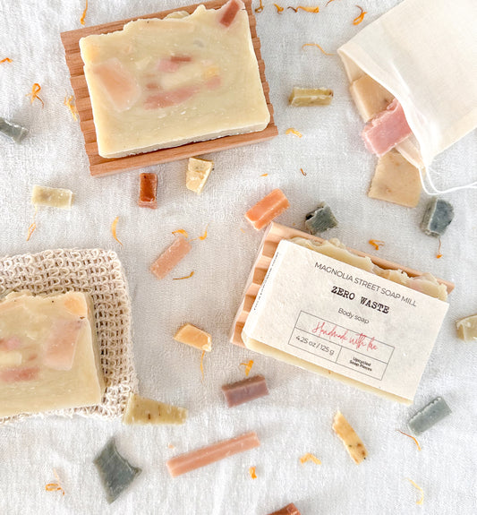 Handmade soap bars using previously made soap pieces. Upcycled bar soap. 
