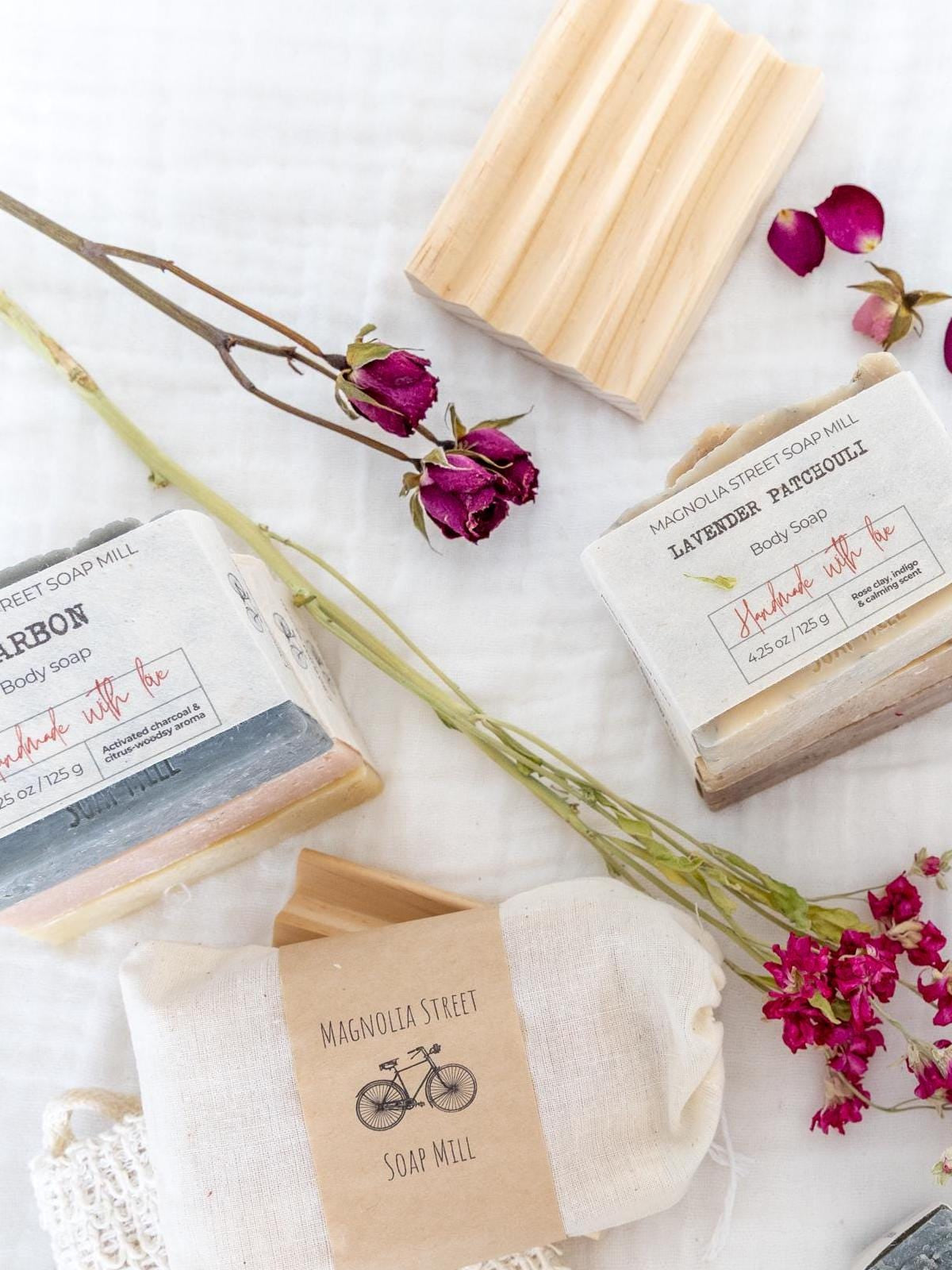 Pine Boardwalk Wooden Soap Dish with Handmade Soaps stacked